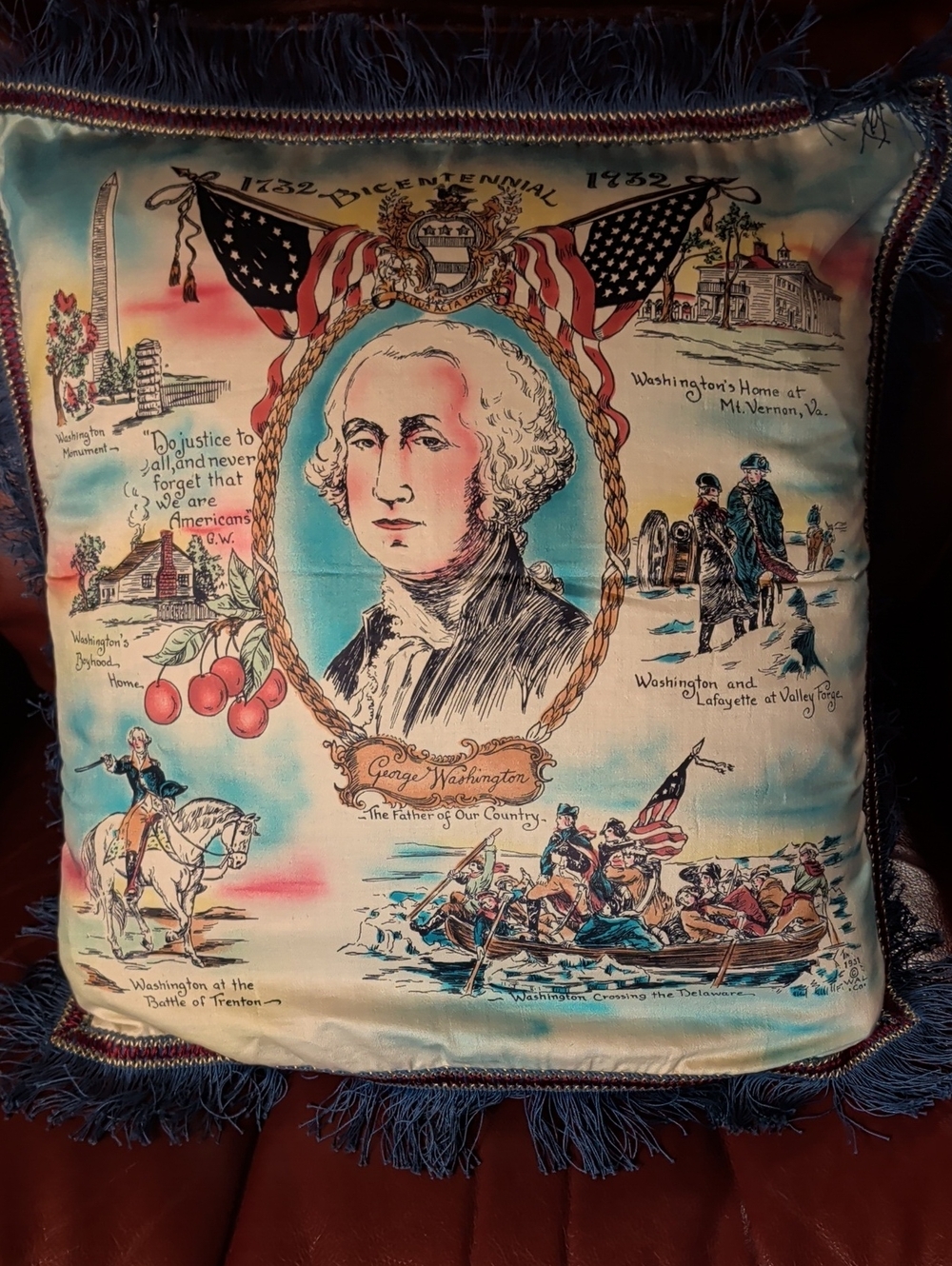 George Washington Patriotic Throw Pillow in Blue and Cream